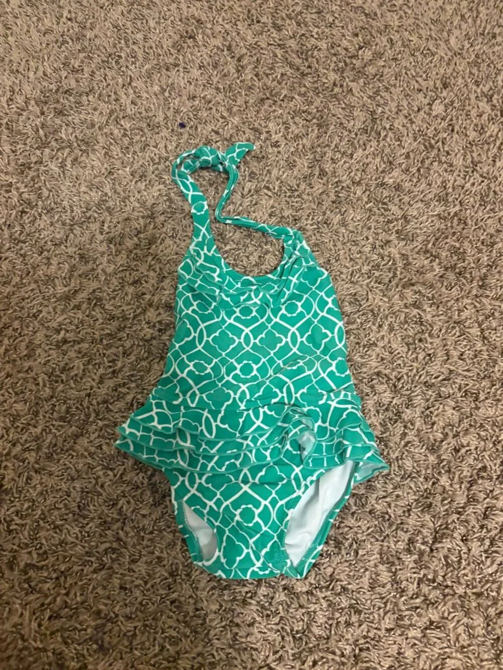 Janie and Jack Halter Top Swimsuit 6-12 Months Green and White Geometric Ruffles